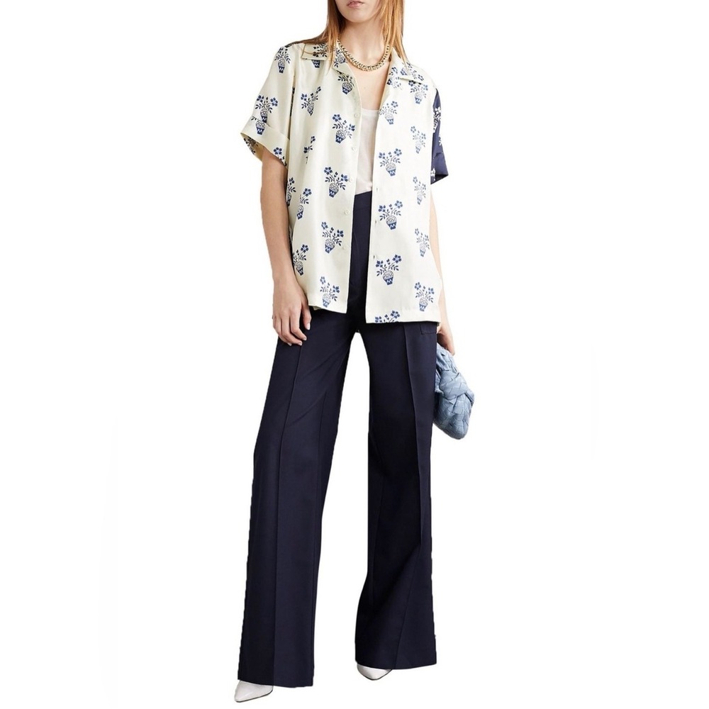 Monse Silk Flower Pot Print Shirt XS Blue White Short Sleeve Designer Blouse